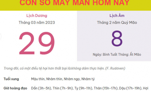 Con số may mắn hôm nay 29/3/2023 thứ 4, ngày 8/2 âm lịch