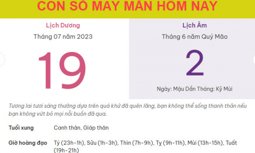 Con số may mắn hôm nay 19/7/2023 thứ 4, ngày 2/6 âm lịch